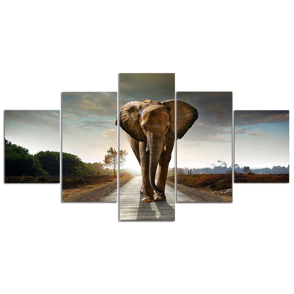 Framed-5-Panel-Elephant-Wall-Art