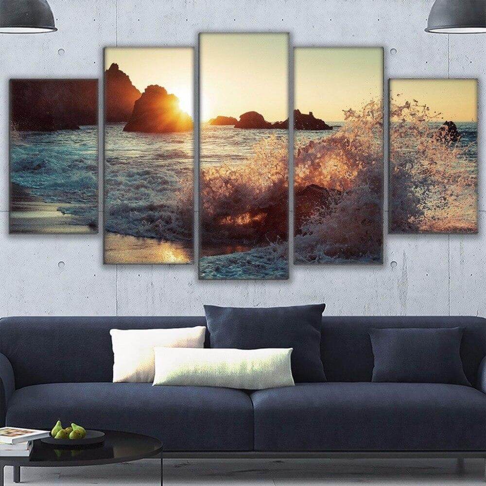 Rock, Wave and Sunset Cheap 5 Piece Canvas Wall Art