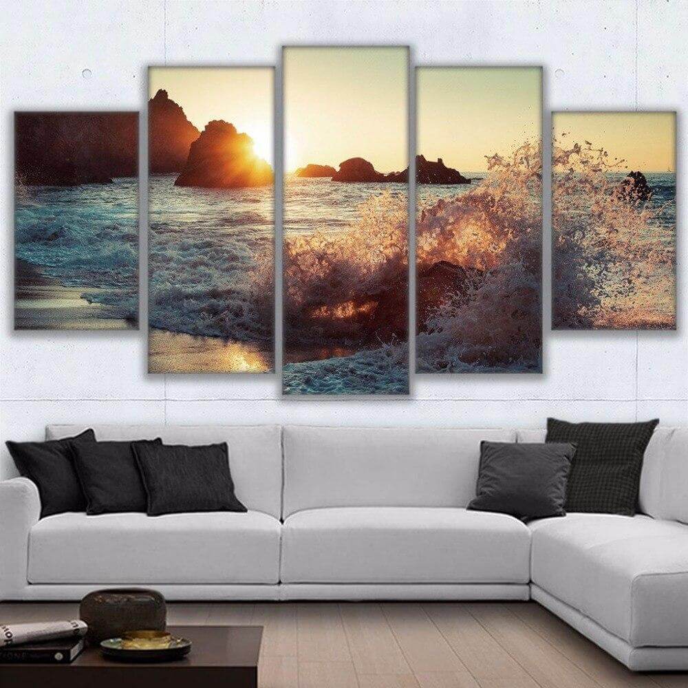 Rock, Wave and Sunset Cheap 5 Piece Canvas Wall Art