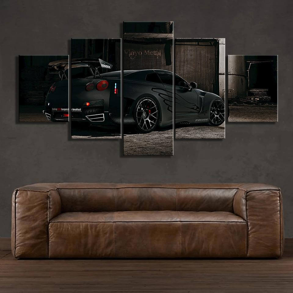 Black-Nissan-Gtr-Car-5-Panel-Canvas-Wall-Art