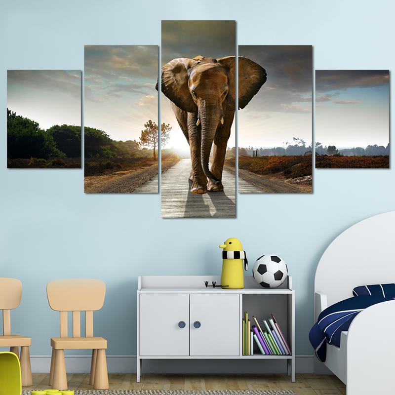 Framed-5-Panel-Elephant-Wall-Art